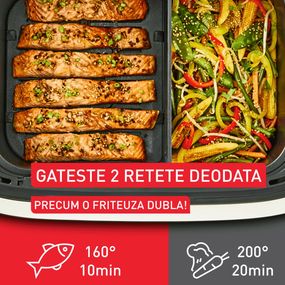 Friteuză dubla cu aer cald Tefal Dual Easy Fry Flex EY9228E0, 2700W, 9L, 7 programe, cuvă dublă, accesoriu FlexCook, oprire automată, display LCD, fereastră supraveghere, temperatură 40&deg;C - 200&deg;C, negru & argintiu