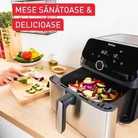 Friteuză cu aer cald Tefal Easy Fry Mega EY855D10, 2020W, capacitate 7.5L, până la 8 persoane - Air fryer cu 8 programe, înveliș antiaderent, oprire automată, control temperatură 80°C - 200°C, argintiu & negru