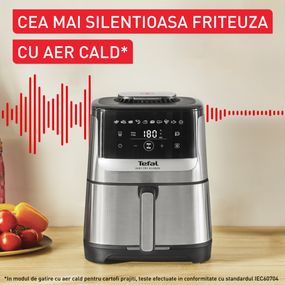 Friteuză cu aer cald Tefal Easy Fry Silence EY552DE0, 1670W, 5L - Air fryer cu 10 programe automate, ecran LCD, silențioasă, cu m&acirc;ner detașabil, cronometru, argintiu & negru