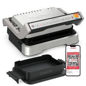 Grătar electric 4in1 multifuncțional TEFAL OptiGrill Inox GC774D30, 9 programe, conectivitate la aplicație, tava pentru cuptor, tavi detasabile, argintiu & negru