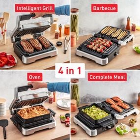Grătar electric 4in1 multifuncțional TEFAL OptiGrill Inox GC774D30, 9 programe, conectivitate la aplicație, tava pentru cuptor, tavi detasabile, argintiu & negru