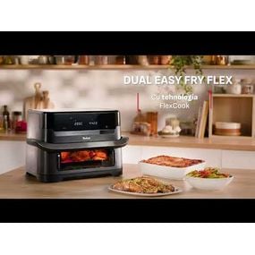 Friteuză dubla cu aer cald Tefal Dual Easy Fry Flex EY9228E0, 2700W, 9L, 7 programe, cuvă dublă, accesoriu FlexCook, oprire automată, display LCD, fereastră supraveghere, temperatură 40&deg;C - 200&deg;C, negru & argintiu