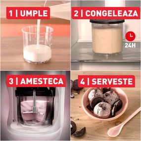 Aparat de &icirc;nghețată Tefal Dolci IG602AE0, 3 recipiente din tritan de 460 ml, 10 programe, Tehnologia unică 1-Step Perfector, crem & negru