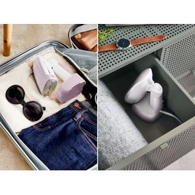 Aparat de călcat vertical pliabil Tefal ACCESS STEAM POCKET DT3050E1, 1300W, abur variabil 20 g/min, oprire automata, husă pentru transport, alb & roz
