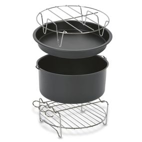 Set 4 accesorii Tefal XA113010, 20 cm, compatibile cu friteuzele Easy Fry XXL, tavă pentru pizza, vas pentru copt, grătar pentru friptură, suport pentru frigărui, inox și strat antiaderent, negru