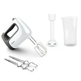 Mixer de mână Tefal Prep'Mix HT461138, 500W, 5 trepte viteză, funcție turbo, 2 teluri, 2 cârlige, picior pasator, pahar gradat, alb