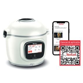 Multicooker inteligent Tefal Cook4me Touch Pro CY9441F2, 1600W, vas cu &icirc;nveliș ceramic antiaderent 6L, 13 programe de gătire, c&acirc;ntar integrat, 250 rețete preinstalate, ecran tactil, coș pentru gătire la abur, alb