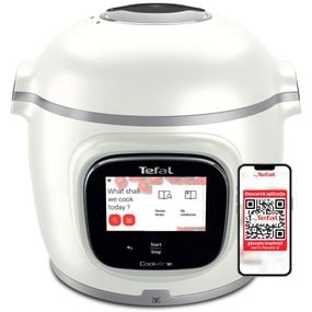 Multicooker inteligent Tefal Cook4me Touch Pro CY9441F2, 1600W, vas cu înveliș ceramic antiaderent 6L, 13 programe de gătire, cântar integrat, 250 rețete preinstalate, ecran tactil, coș pentru gătire la abur, alb