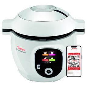 Multicooker inteligent cu gatire sub presiune Tefal Cook4Me+ CY851130, vas cu înveliș ceramic antiaderent 6L, aparat de gatit sub presiune, aplicatie dedicata, 6 moduri de gatire, 150 de retete, alb