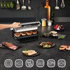 Grătar electric OptiGrill+ XL Snacking & Baking GC724D12, 9 programe, indicator nivel gătire, mod manual 4 nivele, plăci antiaderente din aluminiu turnat, tavă colectare lichide, tavă gustare și coacere, argintiu