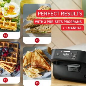 Sandwich maker Tefal Snack Collection Precision SW872BF0, 700 W, termostat reglabil, invelis antiaderent, 2 seturi de placi detasabile, sistem de blocare, argintiu & negru