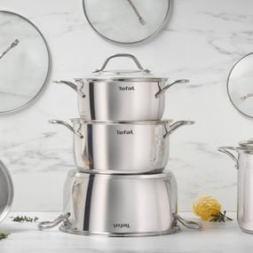 Set 10 piese Tefal Intuition B864SA74, cratiță cu m&acirc;ner de 16 cm, cratițe și oale cu m&acirc;nere 18/20/22/24 cm, oțel inoxidabil, inducție, 5 capace de sticlă