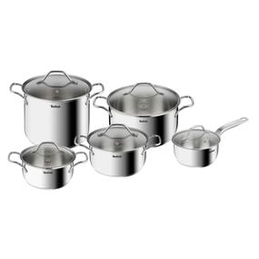 Set 10 piese Tefal Intuition B864SA74, cratiță cu m&acirc;ner de 16 cm, cratițe și oale cu m&acirc;nere 18/20/22/24 cm, oțel inoxidabil, inducție, 5 capace de sticlă