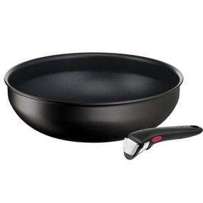 Set de 2 piese Tefal Ingenio Eco Resist L3979302, tigaie wok 26 cm, m&acirc;ner detașabil, indicator Thermo Signal, &icirc;nveliș antiaderent Titanium Anti-Scratch, compatibil cu inducția, negru