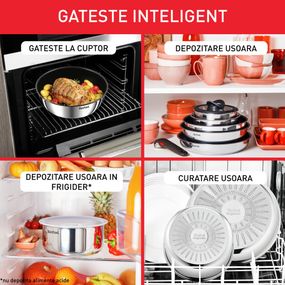 Set 20 piese Tefal Ingenio Emotion L897SJ04, oala 16 / 18 / 20 cm, cratita 24 cm, tigaie 22 / 26 / 28 cm, wok 26 cm, 2 manere detașabile, 2 spatule, 3 capace ermetice 16 / 18 / 20 cm, capac sticla 24 cm, 4 protectii, inducție, argintiu