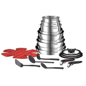 Set 22 piese Tefal Ingenio Emotion L897SM74, cratițe 16/18/20 cm, tigăi 22/24/26/28 cm, tigaie saute 24 cm, wok 26 cm, capace 16/18/20 cm, 2 m&acirc;nere, 4 spatule, 4 protecții tigăi, argintiu