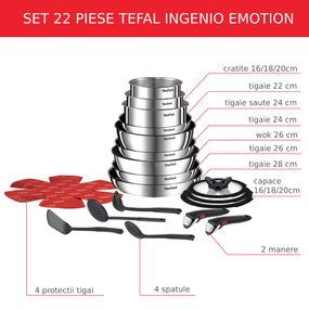 Set 22 piese Tefal Ingenio Emotion L897SM74, cratițe 16/18/20 cm, tigăi 22/24/26/28 cm, tigaie saute 24 cm, wok 26 cm, capace 16/18/20 cm, 2 m&acirc;nere, 4 spatule, 4 protecții tigăi, argintiu