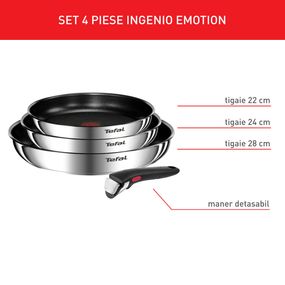 Set 4 piese Tefal Ingenio Emotion L897S455, tigaie de 22/24/28 cm, m&acirc;ner detașabil, &icirc;nveliș antiaderent, Thermo-Signal, inducție, argintiu