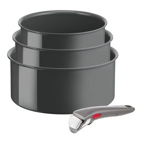 Set 4 piese Tefal Ingenio Renew L2609402, oale 16 / 18 / 20 cm, m&acirc;ner detașabil, inducție, &icirc;nveliș antiaderent ceramic, 100% aluminiu reciclat, gri