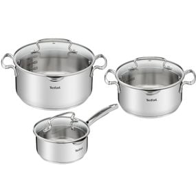 Set de 6 piese Tefal Duetto+ G719S655, oale cu capac de sticla 20 / 24 cm, cratiță cu capac de sticlă 16 cm, inox, inducție, inox, mânere nituite, margini turnare, gradații interioare, argintiu