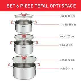 Set 6 piese Tefal Opti'Space G720S674, cratiță 18 cm, oala 20/24 cm, 3 capace de sticlă, oțel inoxidabil, m&acirc;nere anti-alunecare, inducție