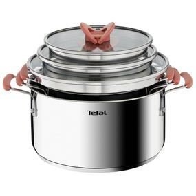Set 6 piese Tefal Opti'Space G720S674, cratiță 18 cm, oala 20/24 cm, 3 capace de sticlă, oțel inoxidabil, m&acirc;nere anti-alunecare, inducție