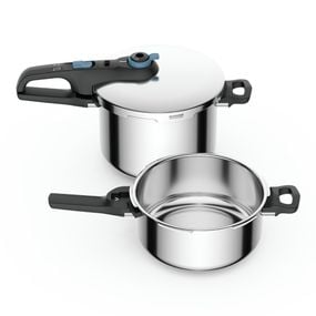 Set de 2 oale sub presiune Tefal Secure Trendy P2584301, 4 / 6 L, sistem siguranta in 5 puncte, 2 programe de gatire, compatibil cu inductia, argintiu