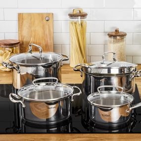 Set de 7 piese Tefal Duetto+ G719S735, oale cu capac de sticlă 16 / 20 / 24 cm, cratiță 16 cm, inducție, inox, m&acirc;nere nituite, margini turnare, gradații interioare, argintiu