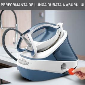 Stație de călcat de &icirc;naltă presiune Tefal Pro Express Ultimate GV9710E0, 3000W, 7.6 bari, jet de abur 580 g/min, abur variabil pana la 155 g/min, rezervor apa 1.2l, colector anticalcar, alb & albastru