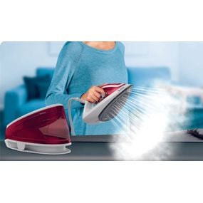 Stație de călcat cu abur Tefal SV6111E1 Express Essential, 2200W, Talpa Xpress Glide, 5.2 bari, jet de abur 250 g/min, rezervor apa 1.4L, Auto-Off, alb/rosu