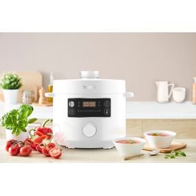 Multicooker cu gătire sub presiune Tefal Turbo Cuisine CY754130, aplicație dedicată My Tefal, 4.8L, 10 programe automate, Funcții inteligente, 12 sisteme de siguranță, accesorii, alb
