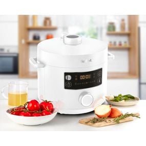 Multicooker cu gătire sub presiune Tefal Turbo Cuisine CY754130, aplicație dedicată My Tefal, 4.8L, 10 programe automate, Funcții inteligente, 12 sisteme de siguranță, accesorii, alb