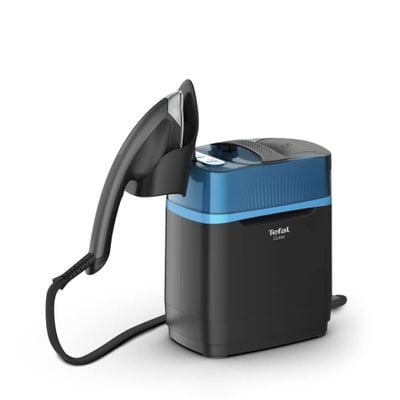 Aparat de călcat vertical cu abur Tefal Cube UT2020E0, 2170 W, 5.8 bari, abur variabil 0–90 g/min, jet de aburi 200 g/min, rezervor de apă detașabil 1.1 L, negru & albastru