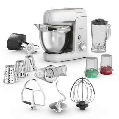 Robot de bucătărie Tefal Bake Partner QB525B38, 1100W,  4.6L, 8 trepte de viteză, funcție Pulse, râșniță, tocător carne, tel, cârlig aluaturi grele, inox, gri