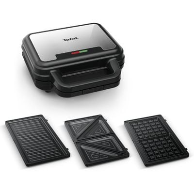 Sandwich maker multifuncțional Tefal UltraCompact 3 în 1 SW383D10, 700W, 3 plăci detașabile pentru sandwich-uri, panini și gofre, negru & argintiu