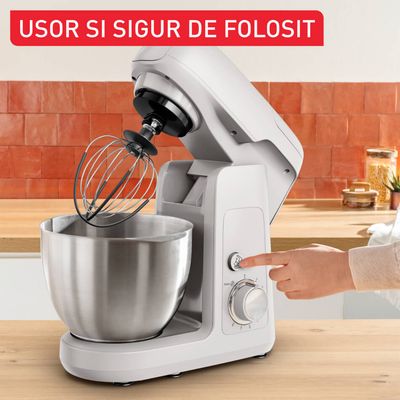 Robot de bucătărie Tefal Bake Partner QB525B38, 1100W,  4.6L, 8 trepte de viteză, funcție Pulse, râșniță, tocător carne, tel, cârlig aluaturi grele, inox, gri