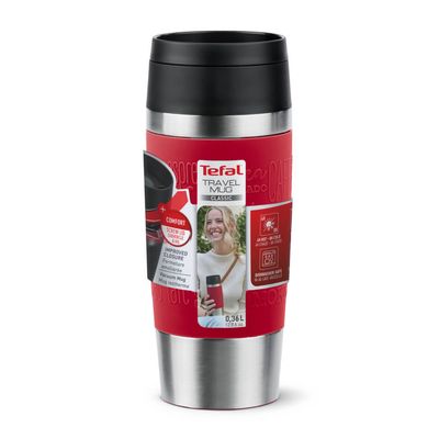 Termos Tefal Travel Mug Classic N2020410, inox, 0.36 L, 100% etanș, functie Quick Press, argintiu & rosu