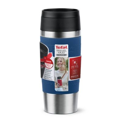 Termos Tefal Travel Mug Classic N2020310, inox, 0.36 L, 100% etanș, functie Quick Press, argintiu & albastru