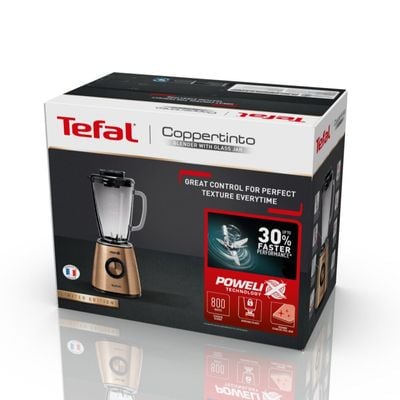 Blender Tefal Blendforce Coppertinto BL439G10, 800W, 1.25 L, Tehnologie Powelix, recipient din sticlă termo-rezistent, lame detașabile, funcție zdrobire gheață,negru & maro