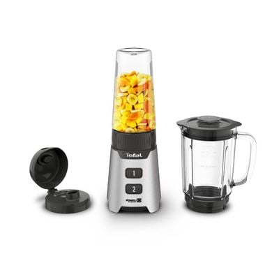 Blender Tefal Minimix BL16GE30, 400W, 2 trepte de viteză, recipient termorezistent 0.7 L, recipient portabil 0.6 L, lame detașabile Powelix, argintiu