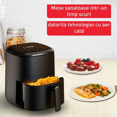 Friteuză cu aer cald Tefal Easy Fry Compact EY145810, 1300W, capacitate 3L - Air fryer cu 10 programe automate, vas antiaderent detașabil, funcție oprire automată, negru