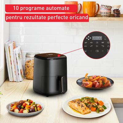 Friteuză cu aer cald Tefal Easy Fry Compact EY145810, 1300W, capacitate 3L - Air fryer cu 10 programe automate, vas antiaderent detașabil, funcție oprire automată, negru