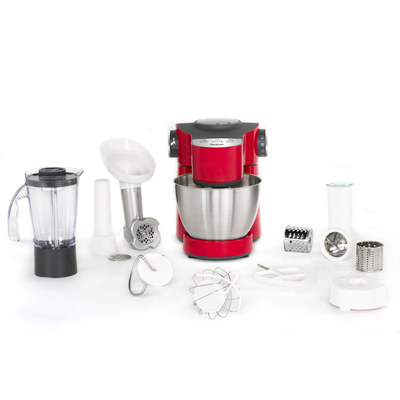 Robot de bucătărie Wizzo QB317538, 1000 W, set pentru patiserie, bol inox 4 L, funcția Pulse, blender inox 1.5 L, mașină de tocat carne, feliator, roșu