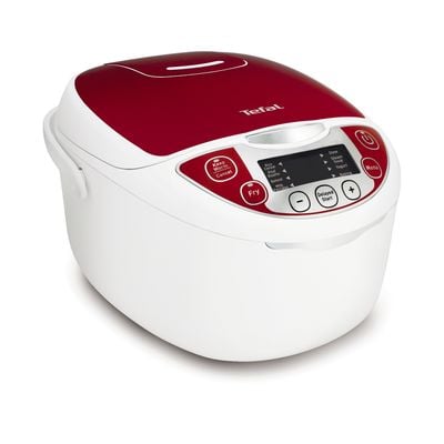 Multicooker TEFAL Fuzzy RK705138, 750 W, 12 funcții, tehnologia Fuzzy Logic Artificial Intelligence, aparat de gătit multifuncțional cu 6 moduri de gătit, pornire programabilă, 6 accesorii, 5 L, roșu / alb