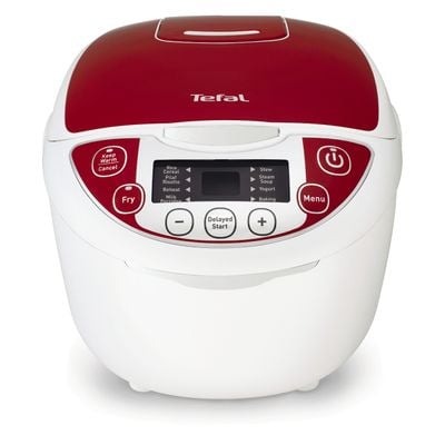 Multicooker TEFAL Fuzzy RK705138, 750 W, 12 funcții, tehnologia Fuzzy Logic Artificial Intelligence, aparat de gătit multifuncțional cu 6 moduri de gătit, pornire programabilă, 6 accesorii, 5 L, roșu / alb