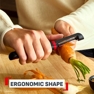 Accesoriu pentru decojit legume si fructe Tefal Ingenio K1994034, lama zimtata, inox, capac de protectie, negru & rosu