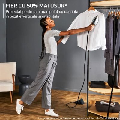 Aparat de călcat vertical cu abur 2 în 1 Tefal Duo Power JF4031E0, 1700W, jet de abur 180 g/min, abur variabil 25 g/min, 400 ml, talpă ceramică, oprire automată, verde & negru