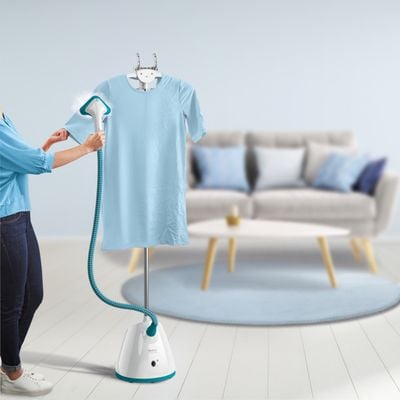 Aparat de călcat vertical cu abur Tefal ProStyle One IT2460E0, 1800 W, abur variabil de până la 37 g/min, încălzire rapidă în numai 45 de secunde, 2 nivele de cantitate, perie pentru țesături și mănușă inclusă, alb /albastru