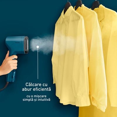 Aparat de călcat vertical Tefal Pure Pop DT2020E1, 1300W, abur variabil 0 - 20g/min, rezervor apa 70ml, auto-off, sistem cu pad reversibil, incalzire in 15s, albastru