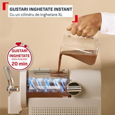 Aparat de inghetata Tefal Freezi IG803AE0, 200 W, 2 L, 5 programe automate, 16 preparate presetate, tehnologie Ultra Quiet, pentru inghetata soft, slushi, sorbet si cocktailuri, set forme inghetata inclus, crem